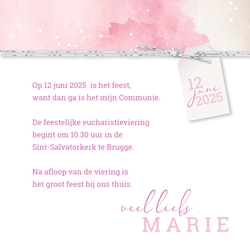 Communie Uitnodiging Marie   Watercolor roze Achterkant