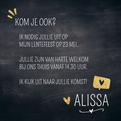 Communie Uitnodiging Alissa   Gouden elementen op krijtbord Achterkant